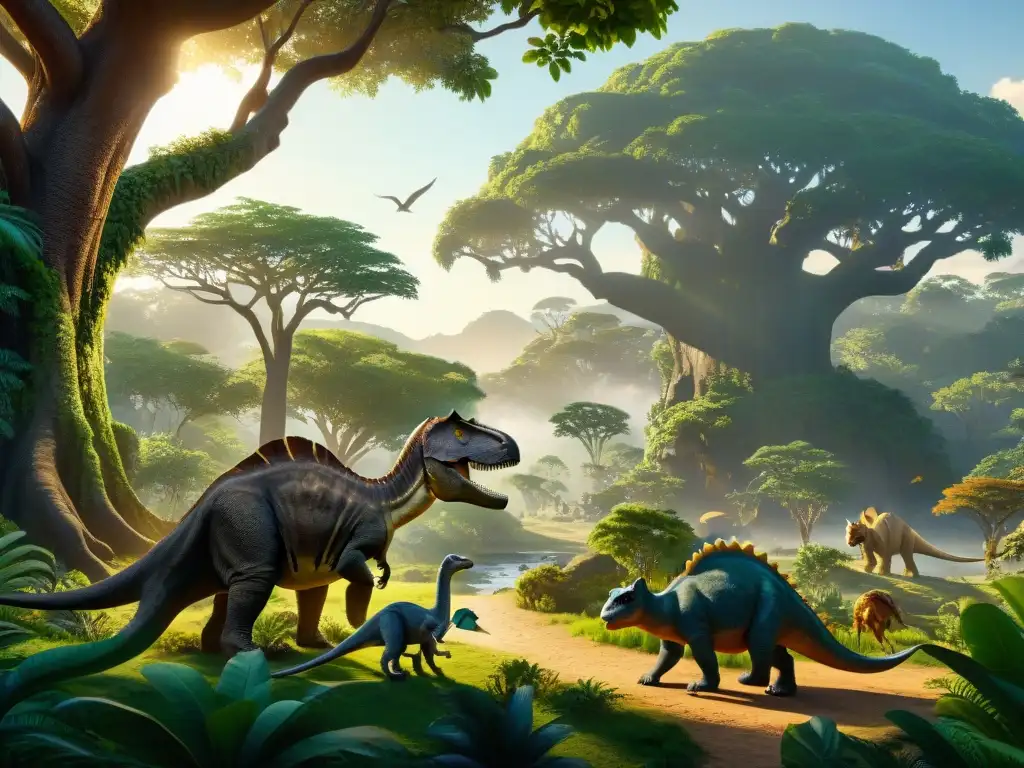 Jurásico: Paisaje prehistórico de vida y misterio Un mundo perdido lleno de vegetación exuberante, dinosaurios y misterio bajo la cálida luz dorada
