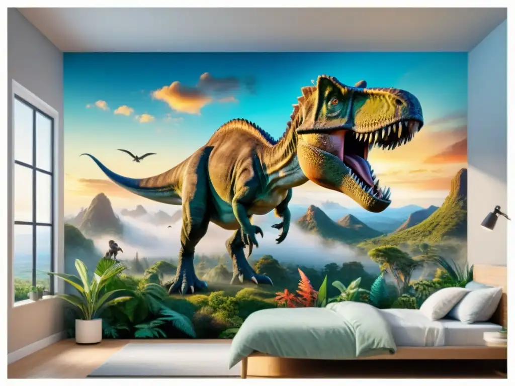 Murales evolutivos: conexión dinosaurios-mamíferos Mural detallado que muestra la conexión evolutiva entre dinosaurios y mamíferos en un paisaje prehistórico vibrante