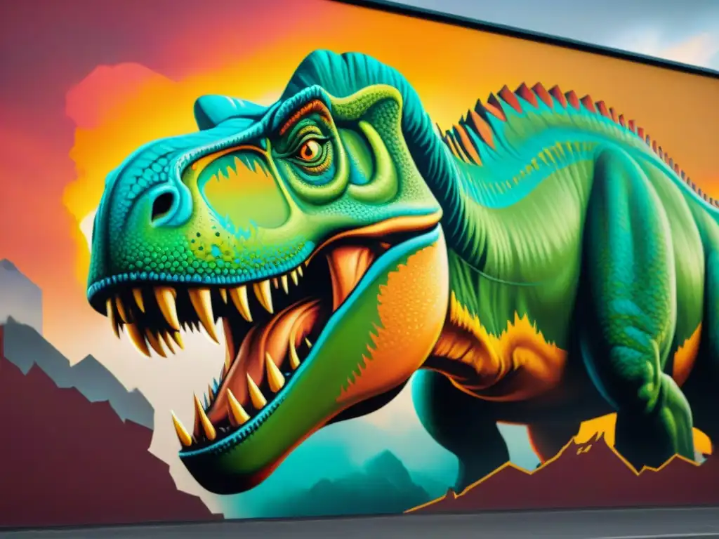 Mural hiperrealista de un T-Rex rugiendo Un mural hiperrealista de un imponente Tyrannosaurus rex dominando la ciudad con su mirada feroz y afilados dientes