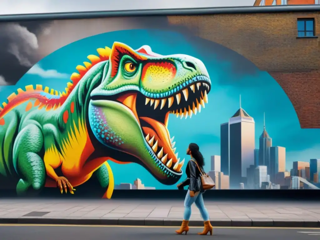 Murales urbanos: T-Rex hiperrealista en la ciudad Un mural masivo de un Tiranosaurio rex en un paisaje prehistórico, rodeado de admiradores en la ciudad