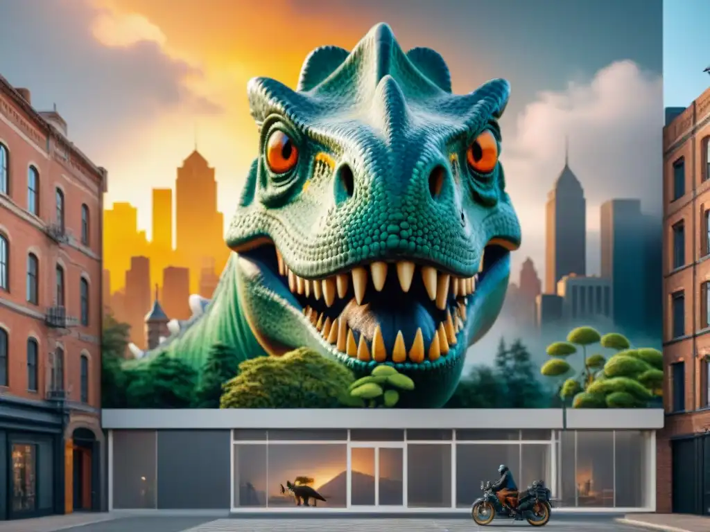 Murales dinosaurios: arte prehistórico en ciudad Un mural masivo y vibrante de dinosaurios en un entorno urbano, admirado por personas