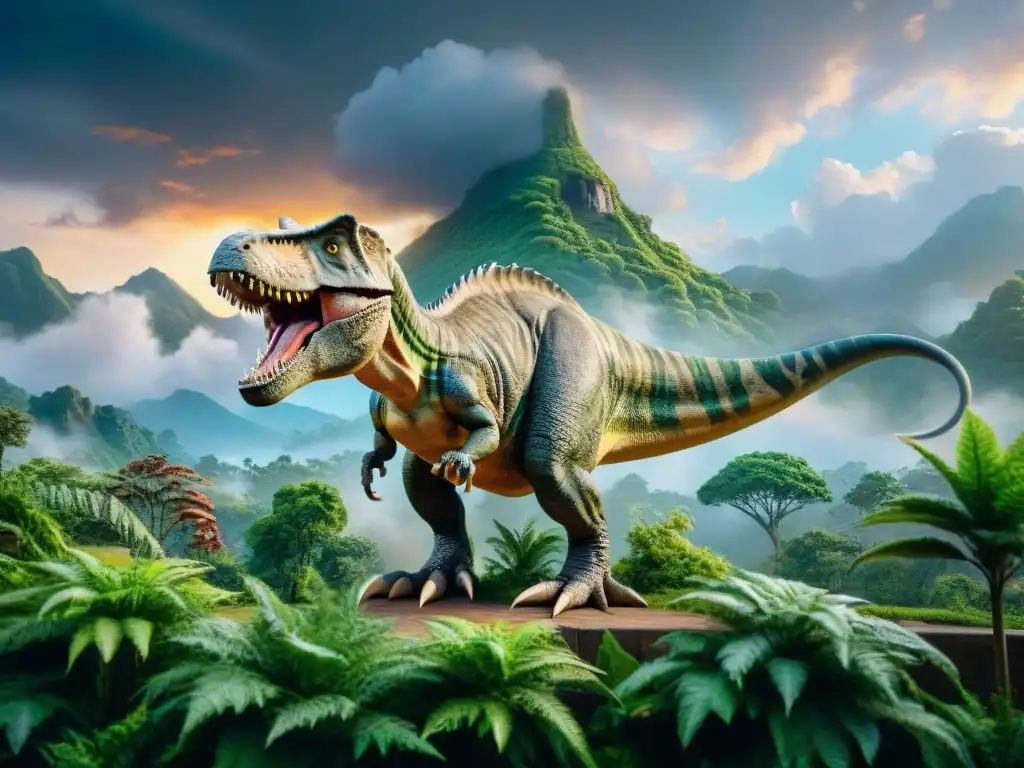 Mural de dinosaurios prehistóricos en la ciudad Un mural vibrante retrata dinosaurios en un paisaje tropical bajo un cielo tormentoso