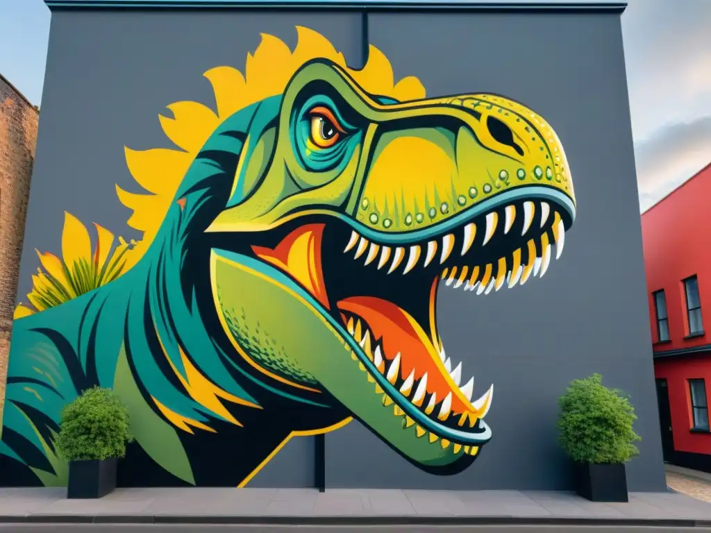 Murales prehistóricos urbanos: T-Rex colosal en pose feroz Un mural vibrante de un Tyrannosaurus Rex en pose feroz, rodeado de edificios adornados con patrones prehistóricos