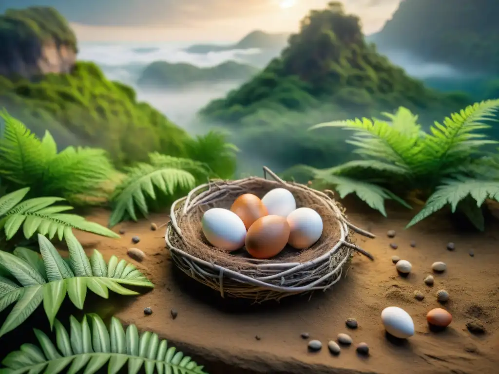 Nido prehistórico compartido: ecosistema ancestral detallado Un nido compartido por especies prehistóricas en un paisaje exuberante lleno de detalles