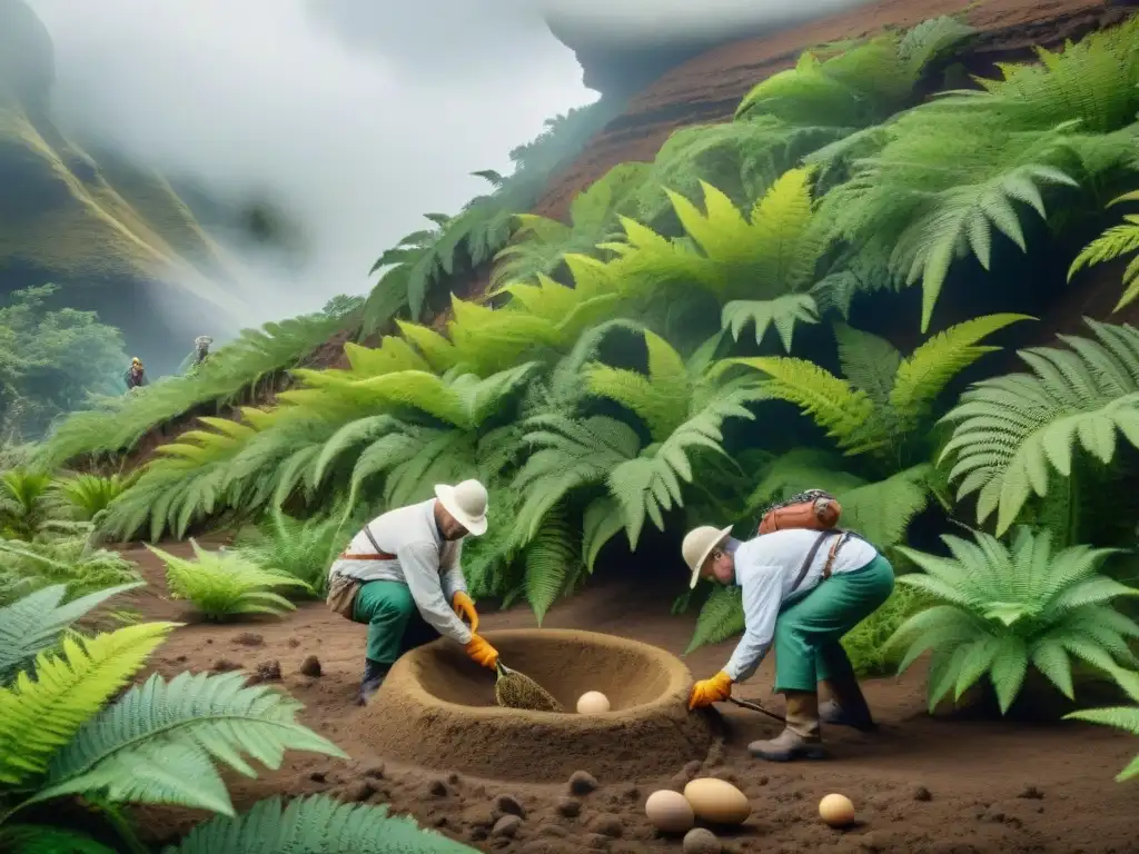 Excavación de nido de dinosaurios: descubrimiento paleontológico Paleontólogos excavan nido de dinosaurios en escena detallada