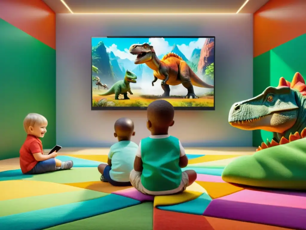 Niños explorando dinosaurios en aula digital Niños explorando apps de dinosaurios en clase vibrante y educativa