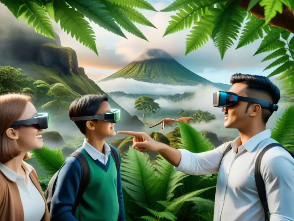 Niños exploran dinosaurios en realidad aumentada, fascinados y concentrados en un paisaje prehistórico