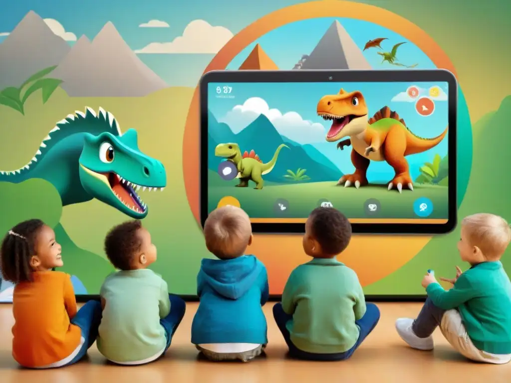 Emocionante aprendizaje: niños descubriendo dinosaurios en app educativa Niños fascinados por una app educativa de dinosaurios en un aula