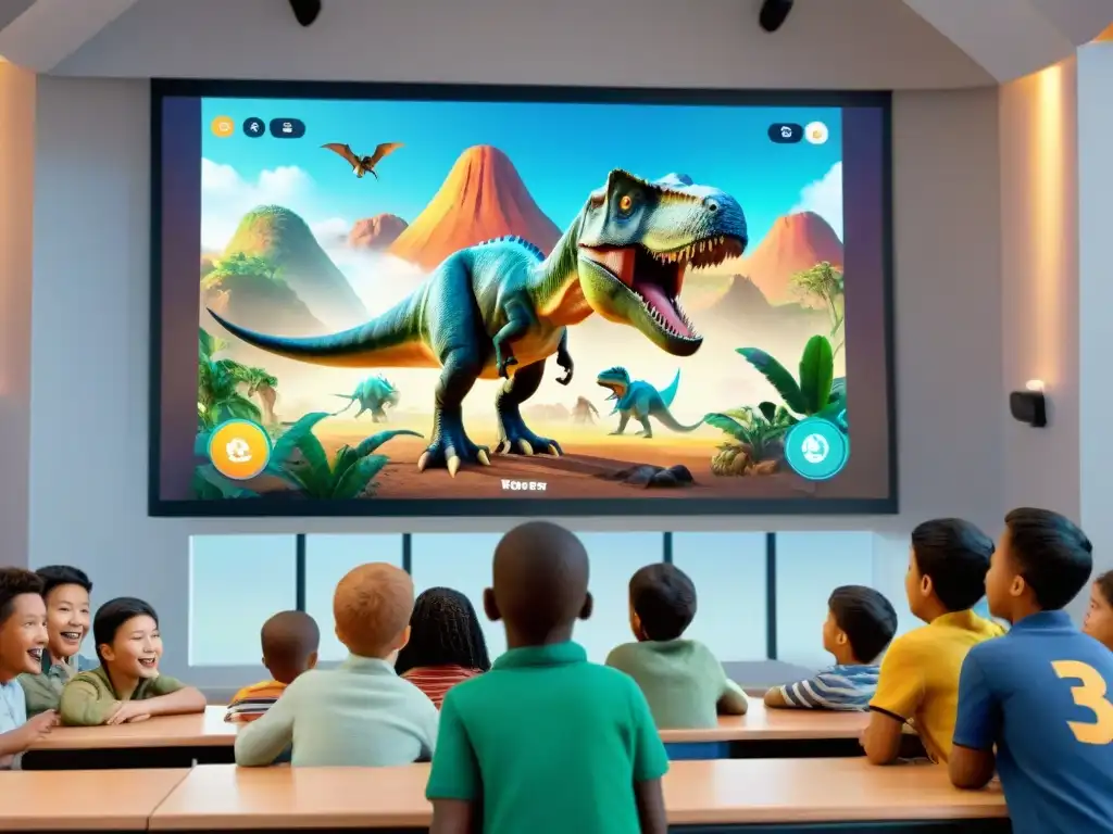 Niños fascinados exploran mundos perdidos en videojuegos de dinosaurios en aula educativa