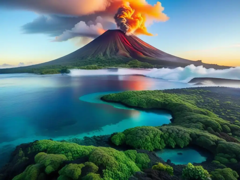 Océano vivo frente al volcán: equilibrio y poder Océano cristalino lleno de vida marina frente a un volcán activo, reflejando la importancia de los océanos para mitigar la actividad volcánica