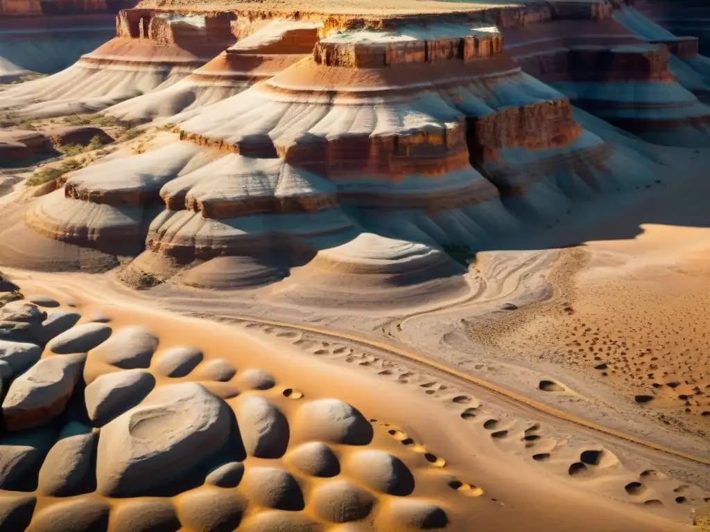 Huellas de dinosaurios fosilizadas en formaciones rocosas del desierto Un paisaje desértico vasto revela capas de rocas sedimentarias con fósiles de dinosaurios, historia prehistórica palpable