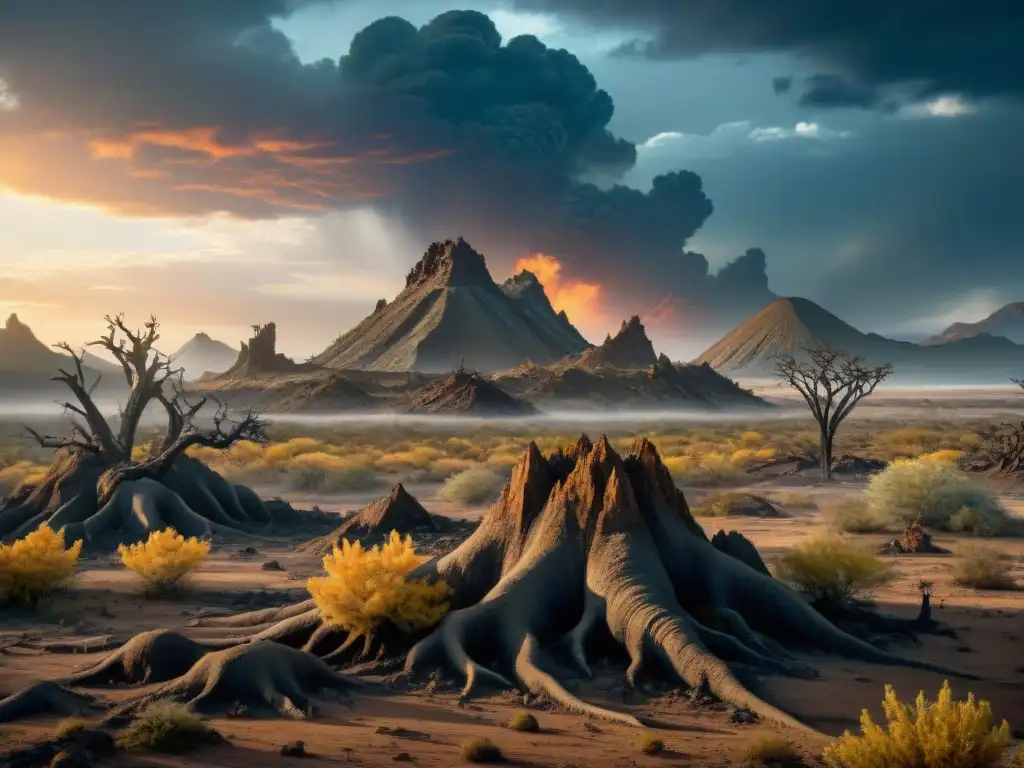 Tierra desolada del Pérmico: criaturas prehistóricas en un paisaje ominoso Paisaje desolado del Pérmico con criaturas prehistóricas