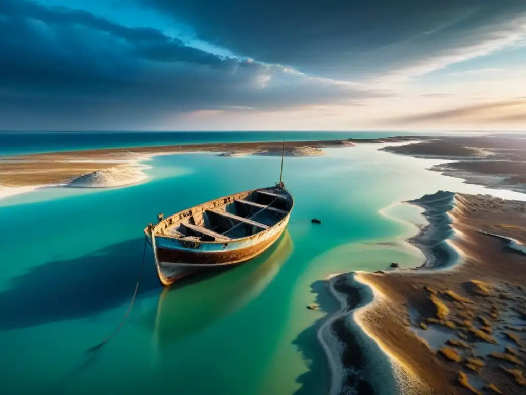 Desolación en el Mar de Aral: belleza y devastación Un paisaje desolado del mar de Aral con barcos abandonados y restos de la industria pesquera, evocando mundos perdidos y dinosaurios imaginarios