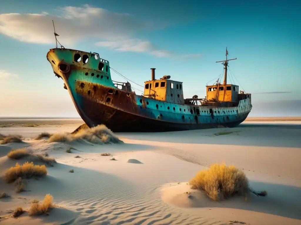 Dinosaurio mítico emerge del mar de Aral Un paisaje desolado del Mar de Aral con barcos abandonados contrasta con un dinosaurio imaginario emergiendo del agua
