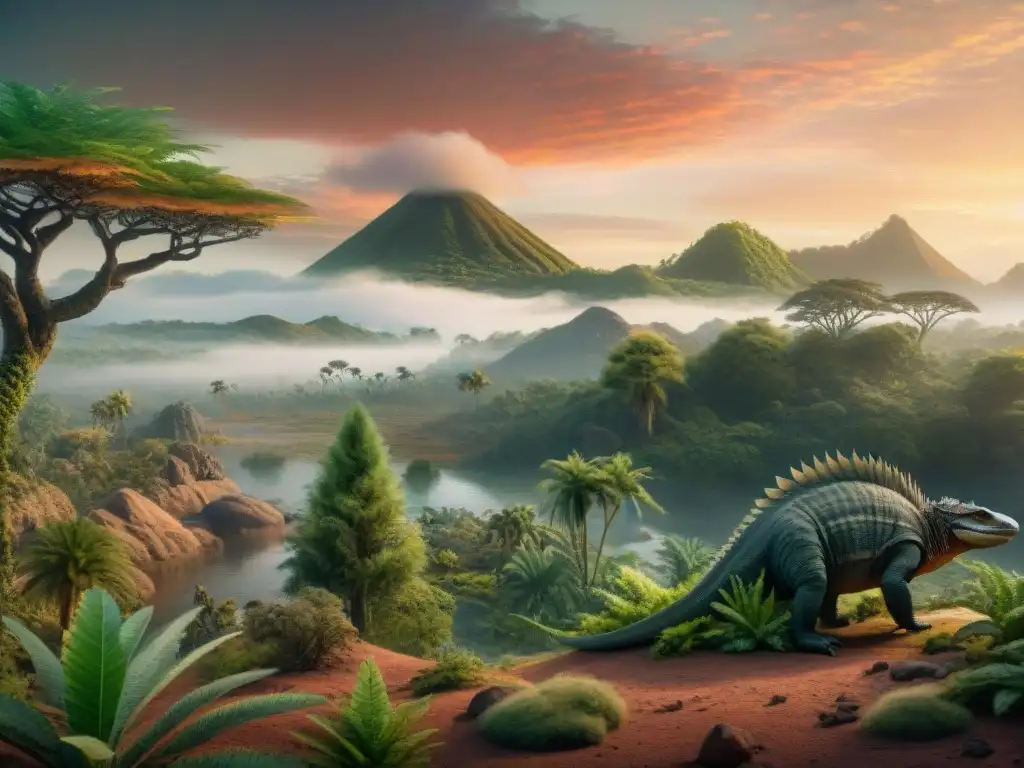 Escena prehistórica del Pérmico: árboles gigantes, reptiles y extinción Un paisaje detallado del período Pérmico con plantas, reptiles antiguos y un cielo rojizo