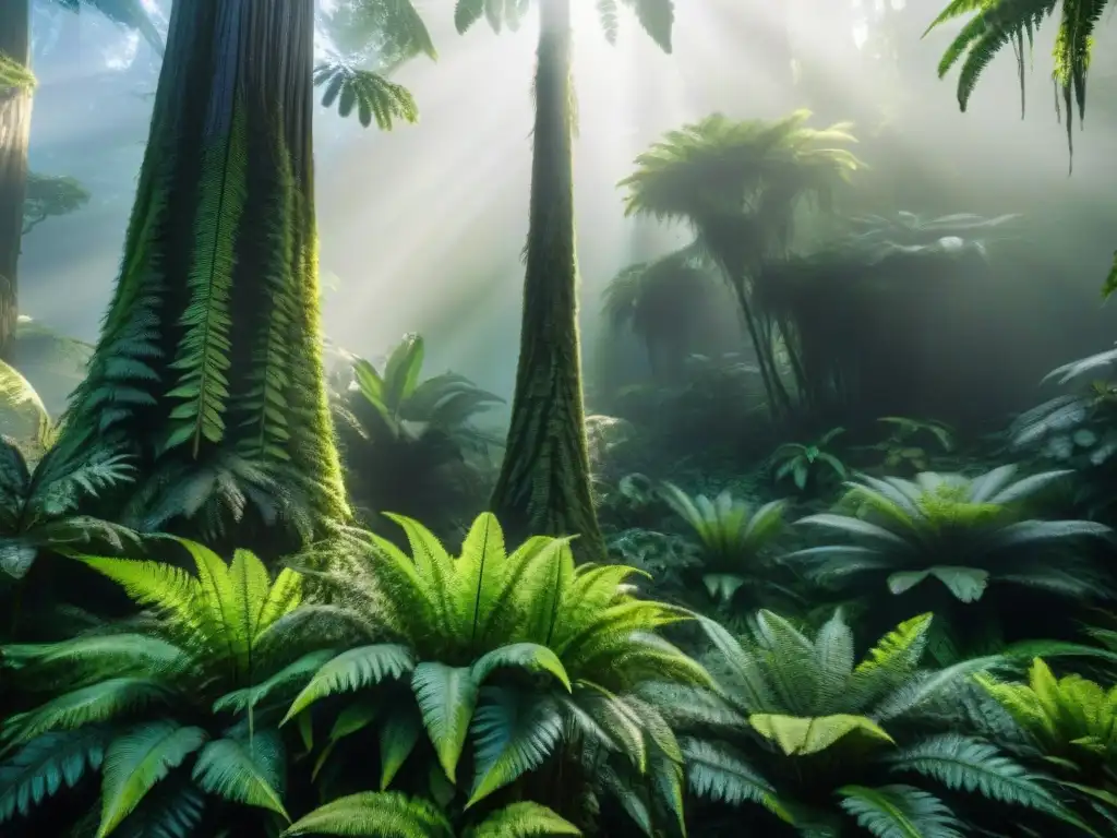 Jardín prehistórico: bosque del Carbonífero lleno de vida ancestral Un paisaje exuberante del período Carbonífero con helechos gigantes y antiguas plantas bajo un cielo brumoso