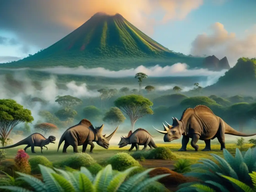 Un paisaje jurásico exuberante lleno de vida antigua, con dinosaurios y vegetación diversa