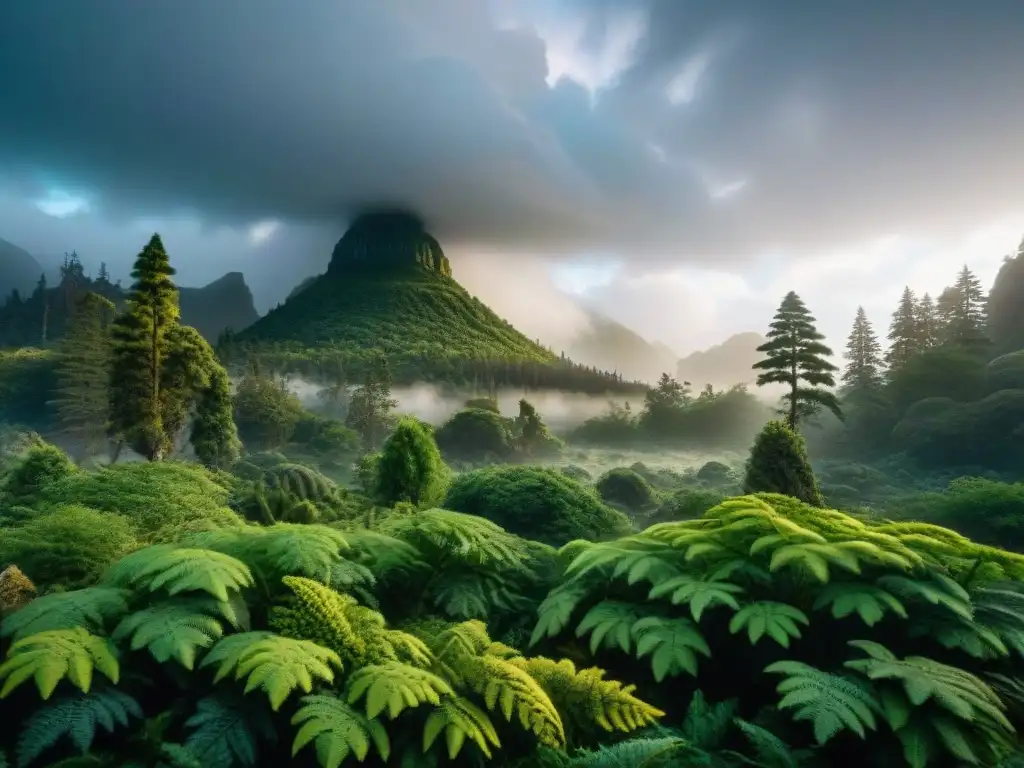 Mesozoico: paisaje exuberante con dinosaurios bajo tormenta Paisaje Mesozoico con dinosaurios bajo un cielo tormentoso, mostrando los patrones de precipitación