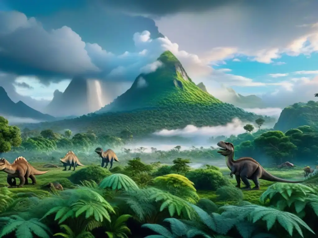 Épico paisaje mesozoico con dinosaurios en movimiento Un paisaje Mesozoico exuberante con dinosaurios y patrones de precipitación, ilustrando un ecosistema vibrante