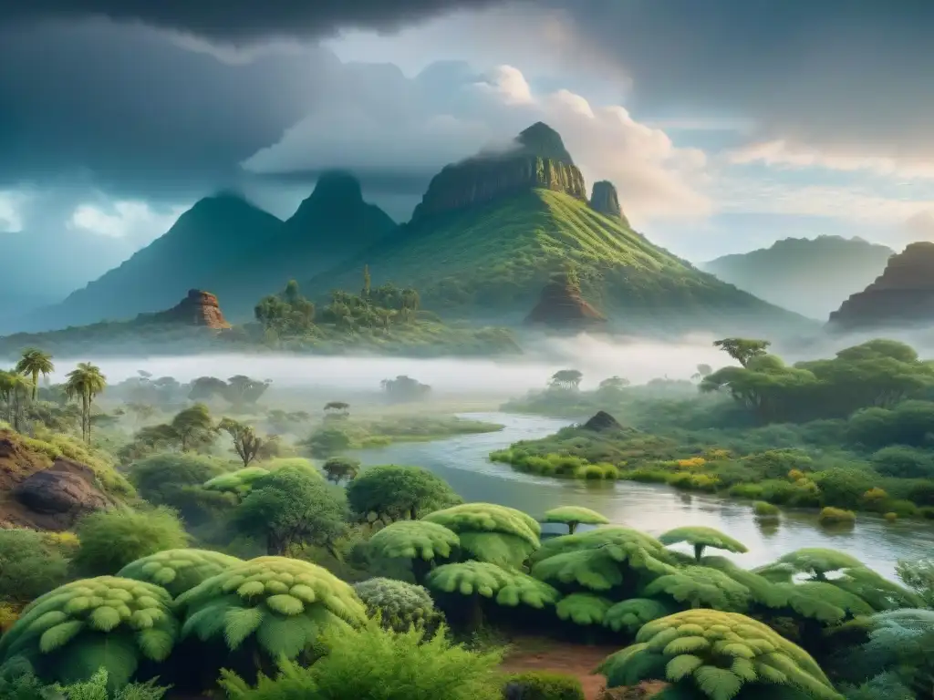 Escena Mesozoica: Dinosaurios entre helechos y coníferas Un paisaje Mesozoico exuberante con dinosaurios bajo un cielo tormentoso