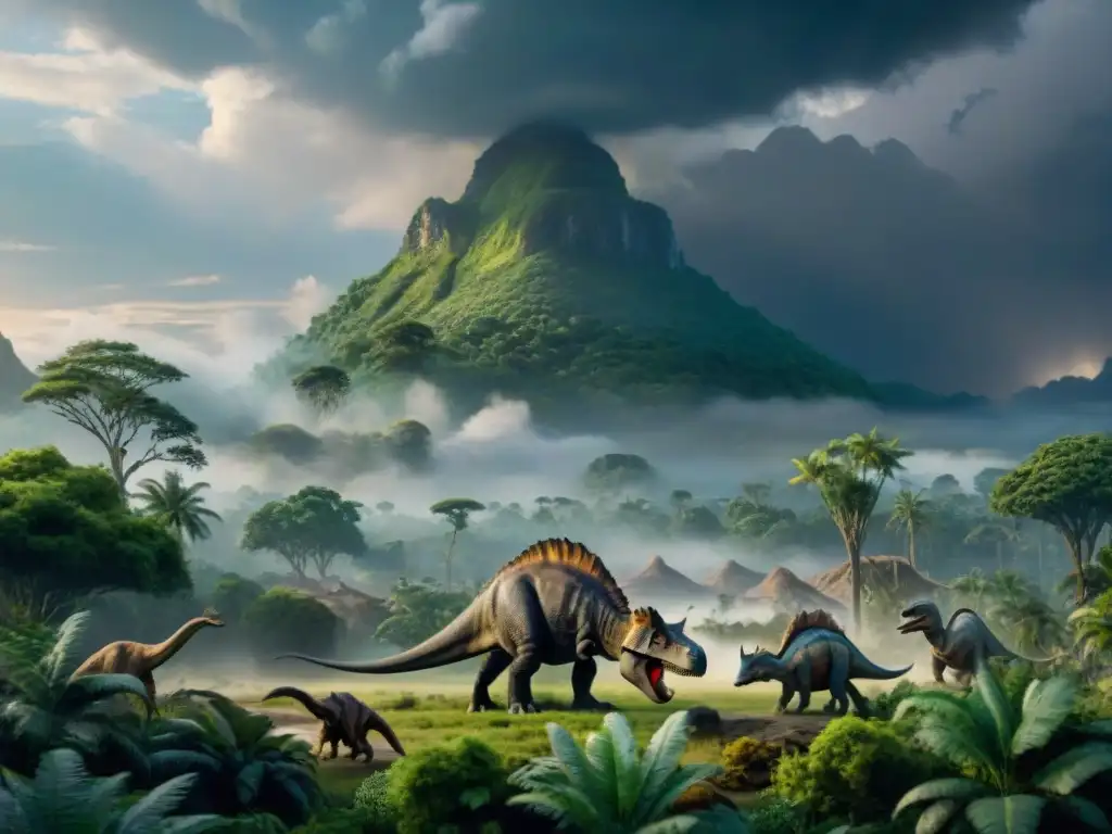 Épica escena Mesozoica: jungla exuberante y dinosaurios bajo tormenta Un paisaje Mesozoico exuberante con dinosaurios bajo patrones de precipitación, texturas detalladas