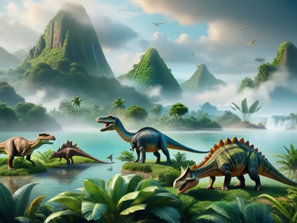 Dinosaurios en transición: la adaptación al cambio climático Un paisaje prehistórico detallado muestra dinosaurios diversos adaptándose a cambios en el nivel del mar