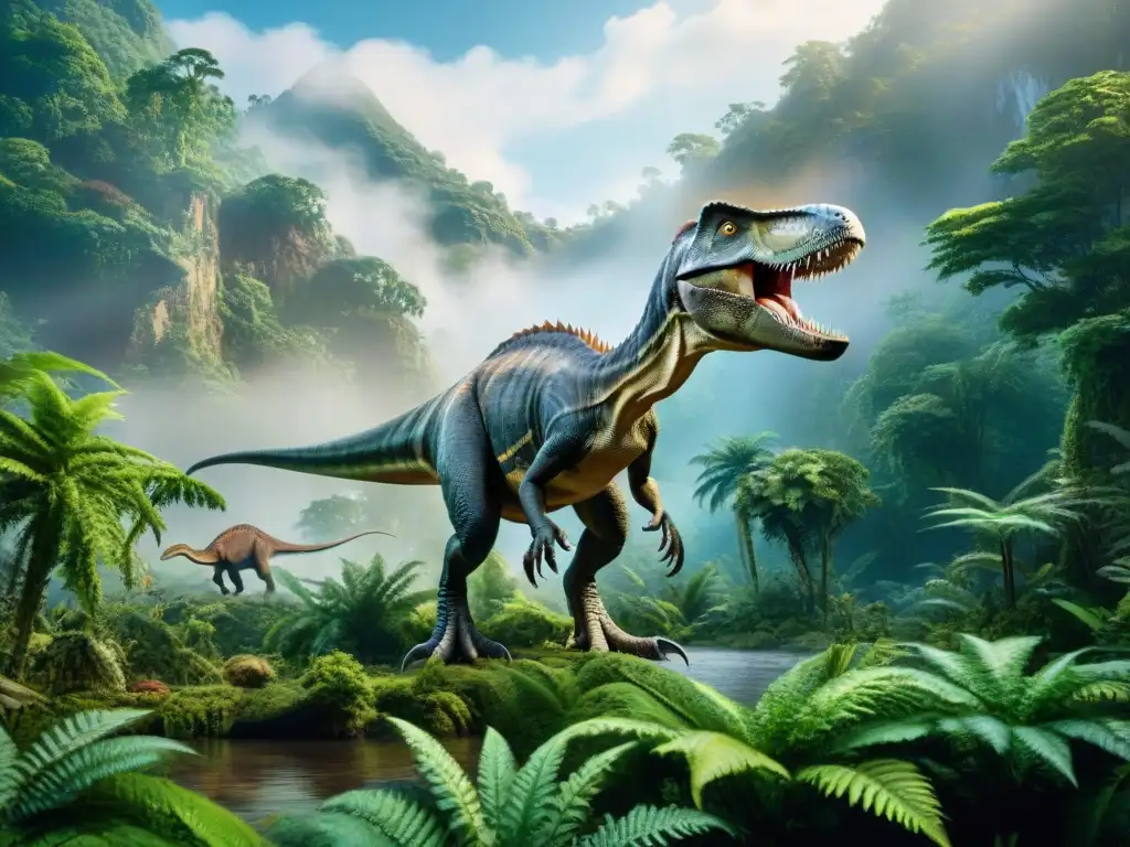 Espléndida vida prehistórica: dinosaurios en su ecosistema Un paisaje prehistórico detallado con diversas especies de dinosaurios, en armonía