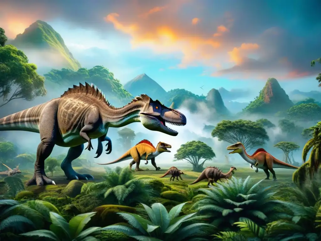 Reino prehistórico: dinosaurios y fauna en un paisaje ancestral Un paisaje prehistórico detallado con especies animales conviviendo junto a dinosaurios