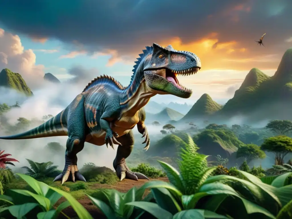 Diorama realista de dinosaurios en paisaje prehistórico Un paisaje prehistórico detallado con imponentes dinosaurios de diversas especies, vegetación exuberante y un cielo dramático que muestra el clima del mundo antiguo