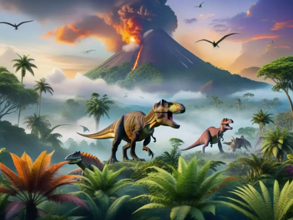 Recreación detallada de un paisaje prehistórico con dinosaurios Un paisaje prehistórico con diversidad de dinosaurios destacando un T-Rex, Triceratops y Pteranodons, bajo un cielo anaranjado y morado al atardecer