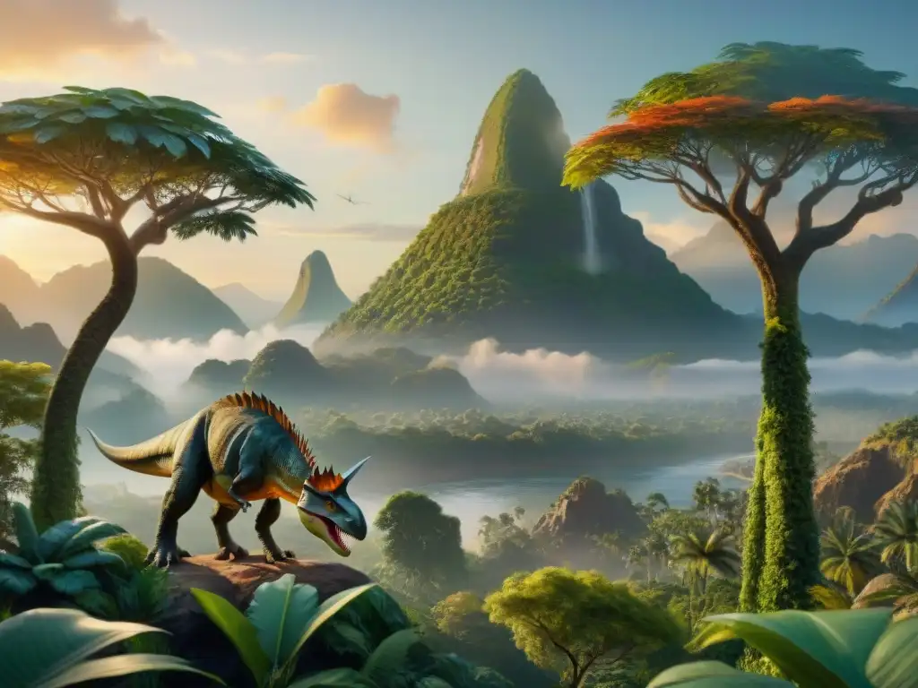 Recreación prehistórica: bosque de dinosaurios en 8k Un paisaje prehistórico exuberante con dinosaurios en armonía bajo un cálido atardecer