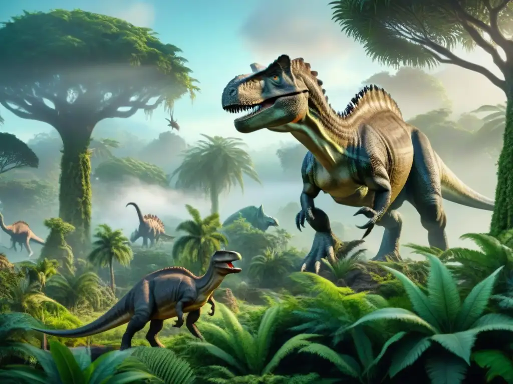 Reino Prehistórico: Dinosaurios en Paisaje Lujoso Un paisaje prehistórico exuberante con dinosaurios detallados, una metáfora visual sobre el clima y dinosaurios en cultura