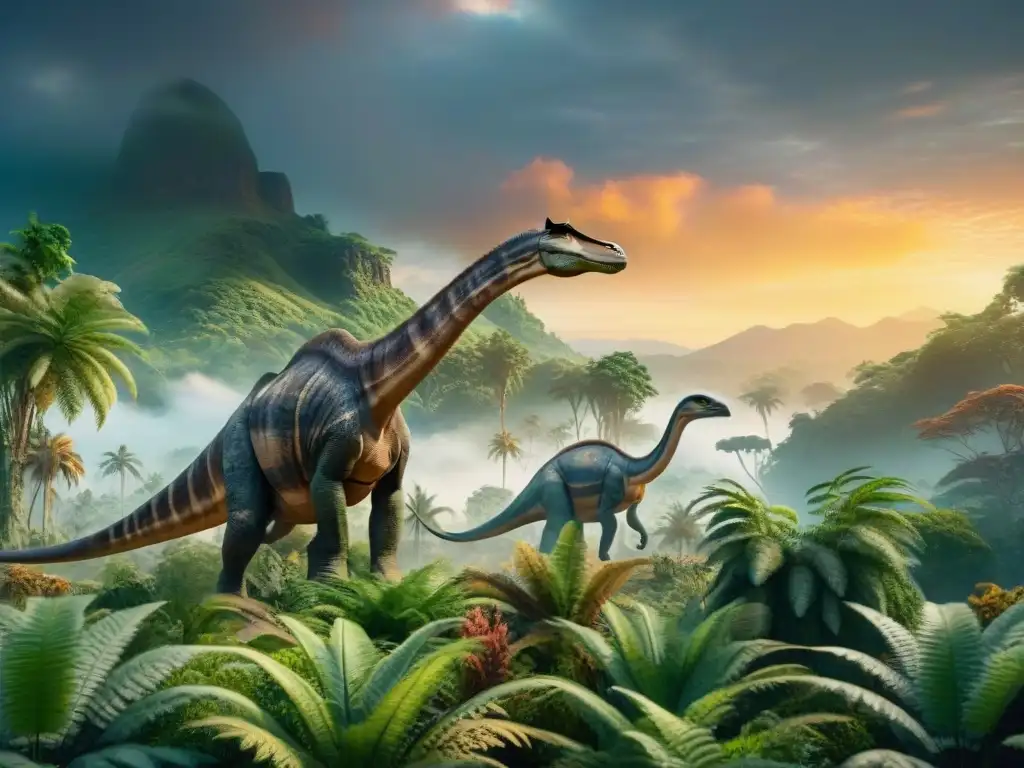 Tierra prehistórica: Brachiosaurio y Velocirraptores en vivo Un paisaje prehistórico exuberante con diversos dinosaurios