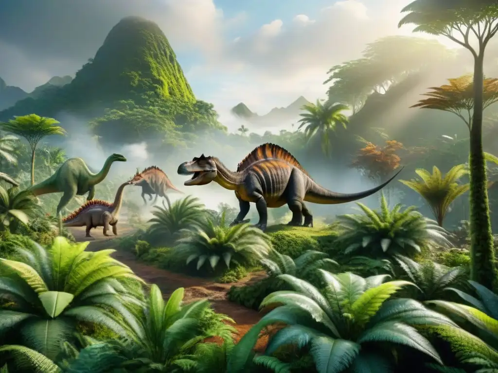 Recreación visual de hábitat prehistórico con dinosaurios Un paisaje prehistórico exuberante con dinosaurios y flora diversa