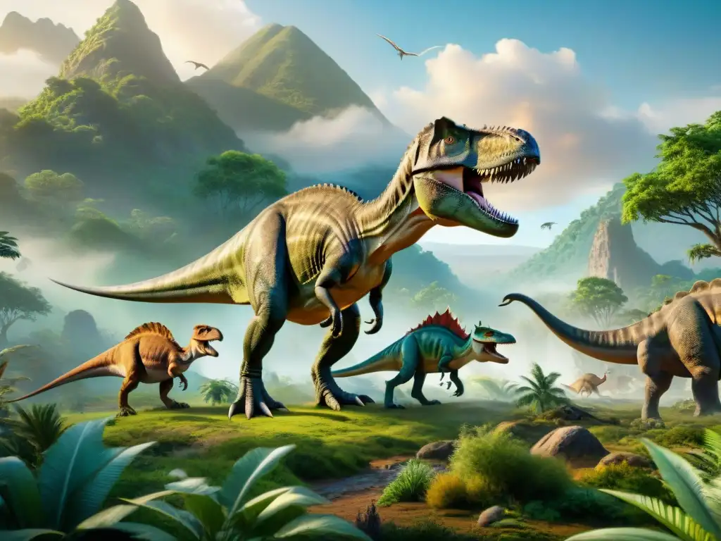 Escena prehistórica: interacción dinámica entre dinosaurios Un paisaje prehistórico exuberante con diversas especies de dinosaurios y sus adaptaciones sorprendentes