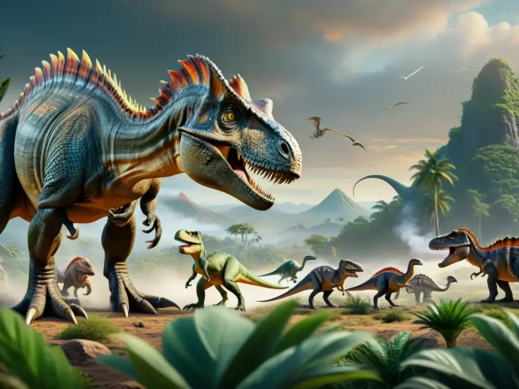 Dinosauros en acción: Una escena prehistórica detallada y trepidante Un paisaje prehistórico exuberante con diversas especies de dinosaurios mostrando estrategias de supervivencia