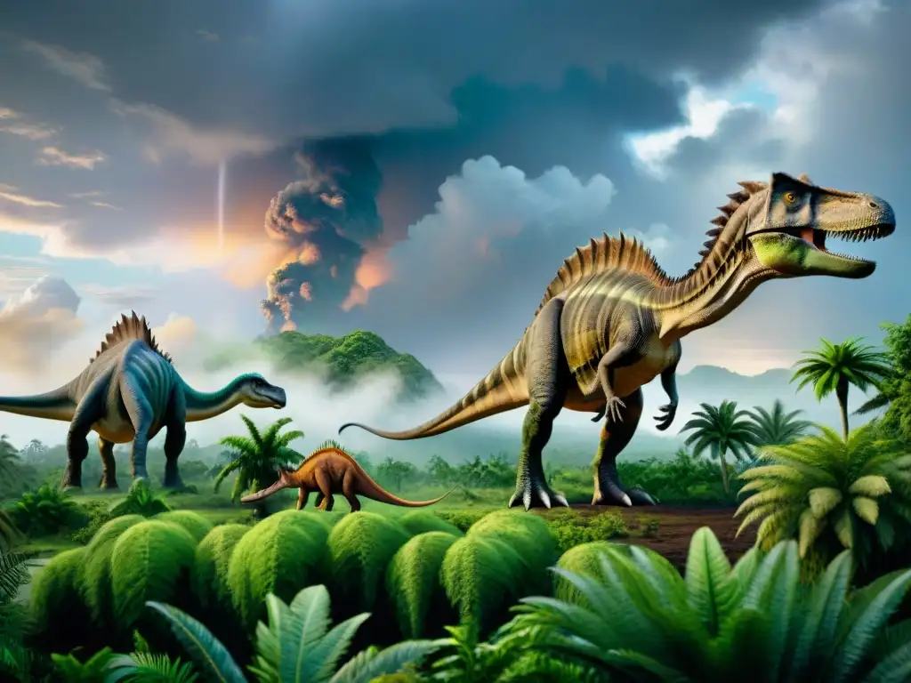 Paisaje prehistórico detallado con dinosaurios en la era Mesozoica Un paisaje prehistórico del Mesozoico con dinosaurios en armonía bajo patrones de precipitación