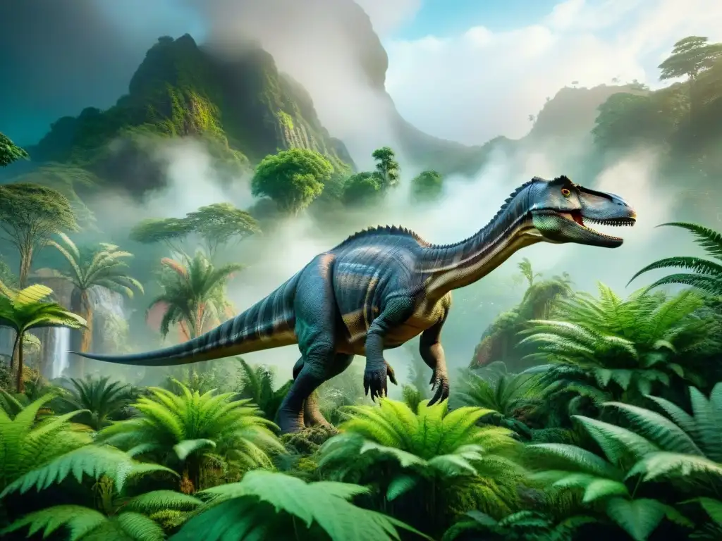 Jungla prehistórica: Brachiosaurio pacífico y T Un paisaje prehistórico vibrante y detallado con diversas especies de dinosaurios en evolución y extinción