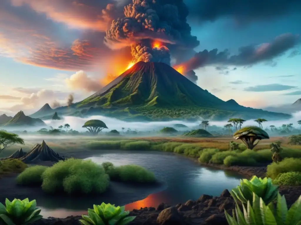 Tierra prehistórica del Pérmico con volcanes y reptiles antiguos Paisaje prehistórico del Pérmico con volcanes, pantanos y reptiles antiguos