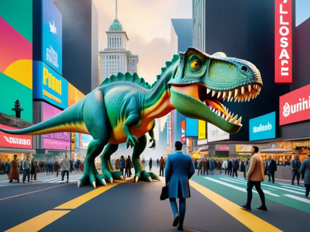 Escena urbana: dinosaurios gigantes y publicidad colorida Un paisaje urbano vibrante con esculturas de dinosaurios imponentes y vistosos anuncios
