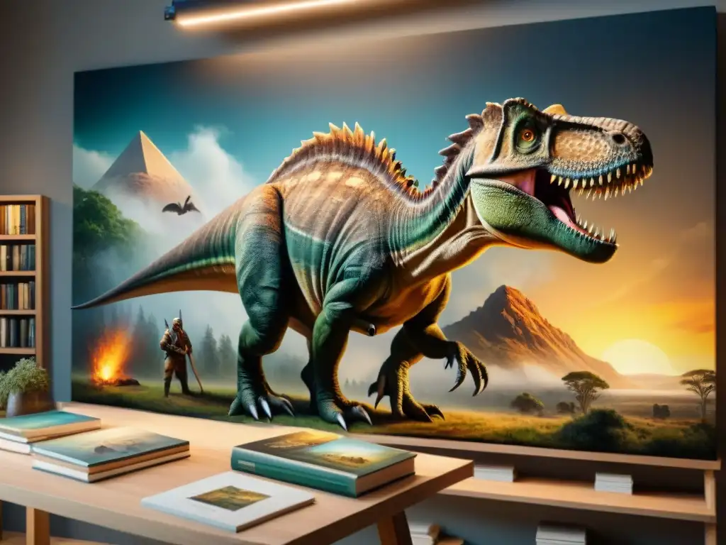 Paleoartista pintando un dinosaurio con detalle en estudio Un paleoartista concentradamente recrea escena prehistórica en estudio tenue, pintando majestuoso dinosaurio