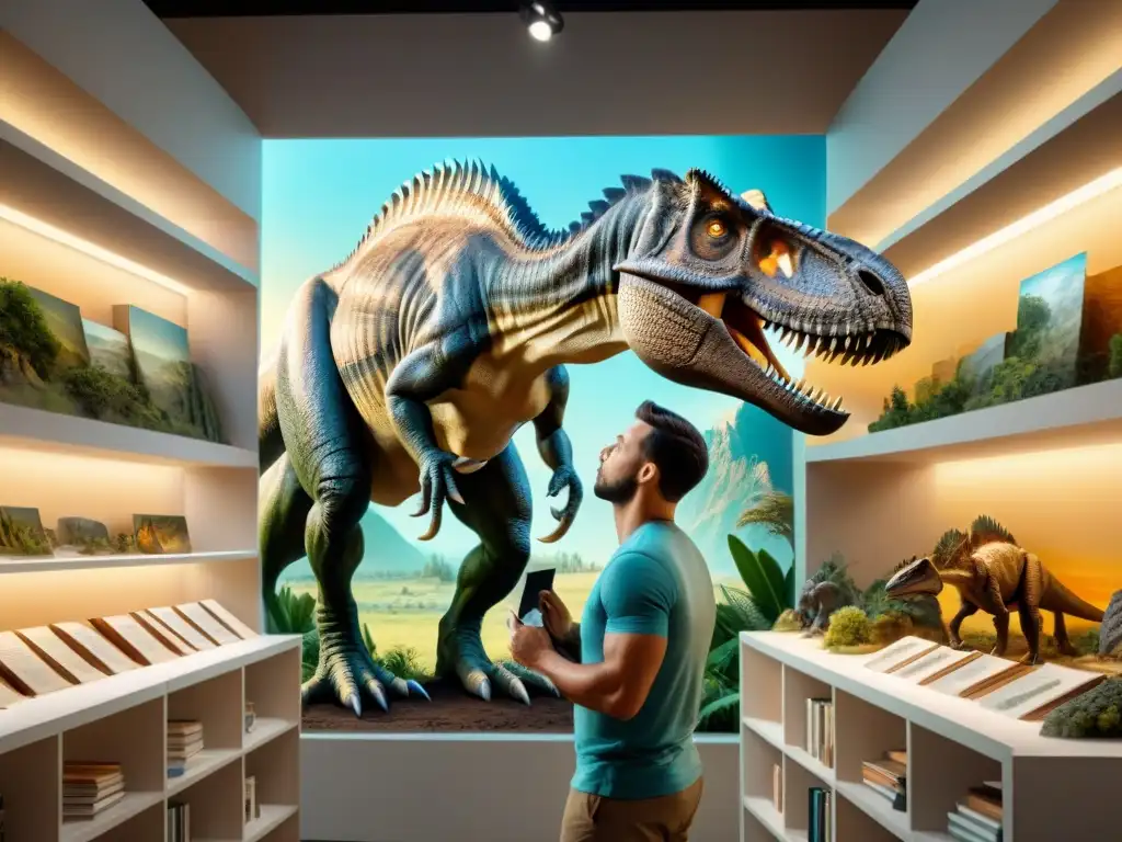 Paleoartista detallista pinta T Un paleoartista contemporáneo inmerso en la creación de un paisaje prehistórico detallado, rodeado de libros y réplicas de fósiles