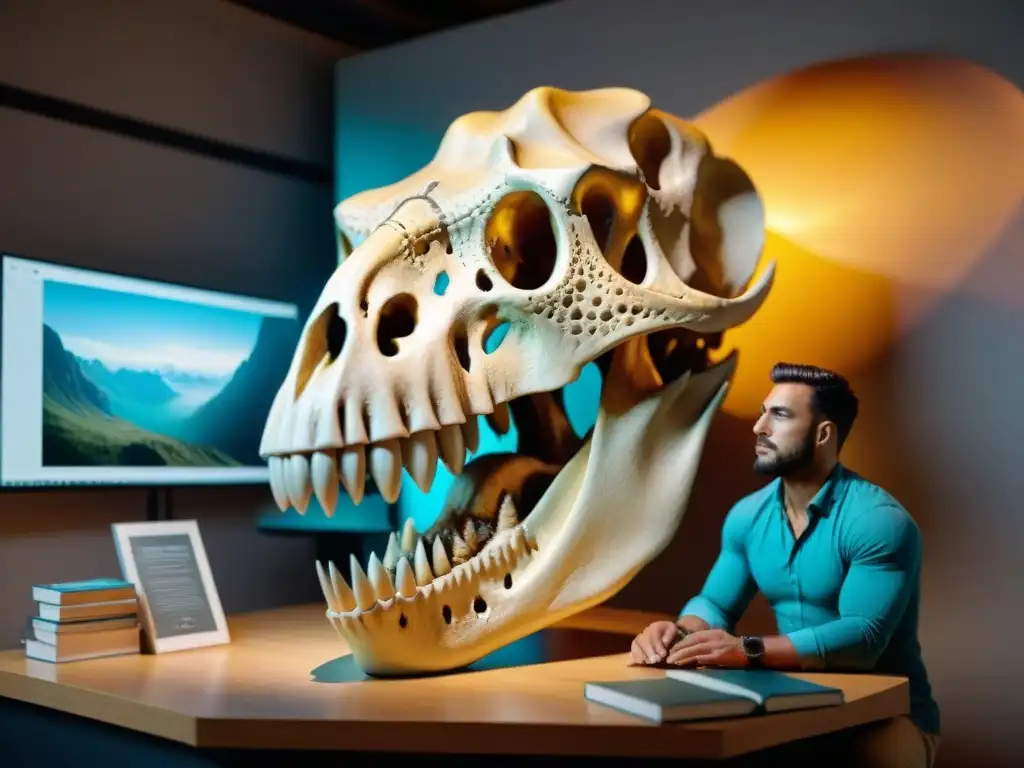 Reconstrucción detallada de cráneo de T Un paleoartista detalladamente reconstruyendo un cráneo de Tyrannosaurus rex con técnicas de paleoarte en dinosaurios