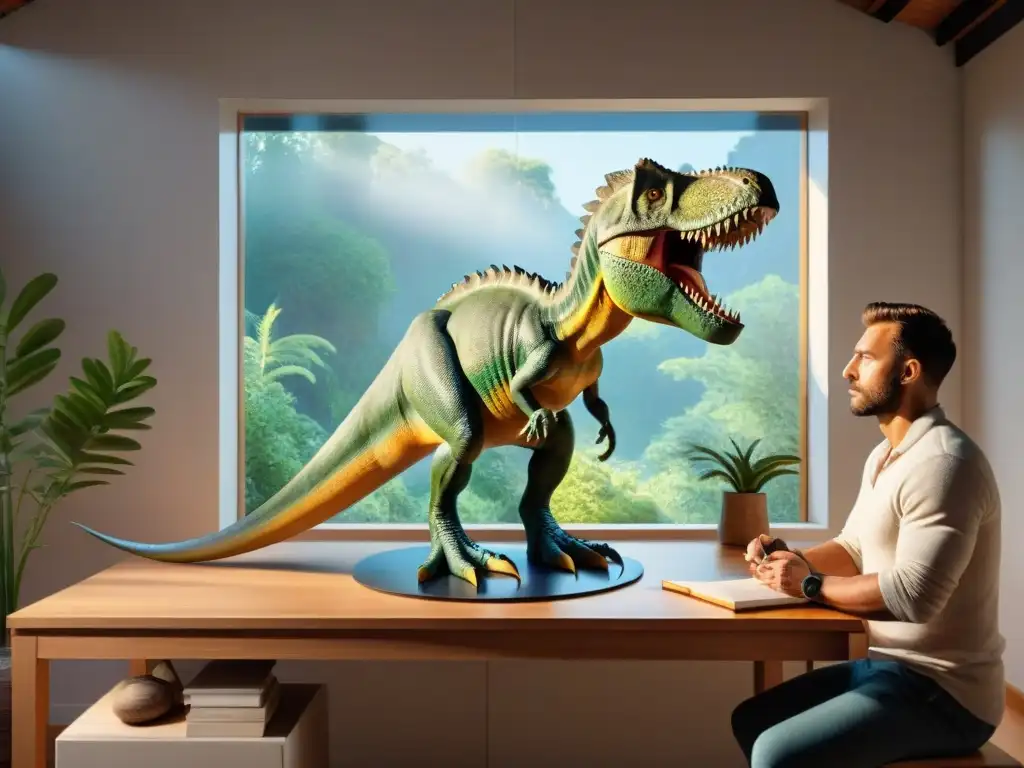 Escultor de dinosaurios creando arte paleontológico con detalle Un paleoartista crea con cuidado una escultura de dinosaurio en un estudio lleno de libros y herramientas