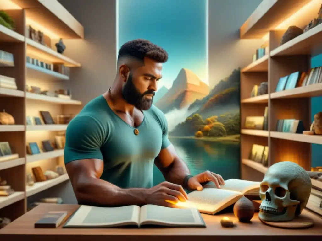 Paleoartista recrea escena prehistórica con detalle en 8k Paleoartista recreando escena prehistórica en detallado lienzo, rodeado de libros y fósiles con luz natural