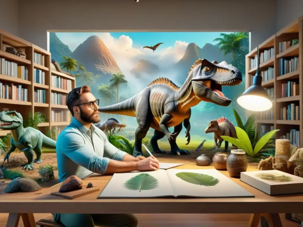 Paleoartista recrea escena prehistórica con detalle Un paleoartista detalladamente recreando escena prehistórica rodeado de libros, bocetos y herramientas en estudio iluminado