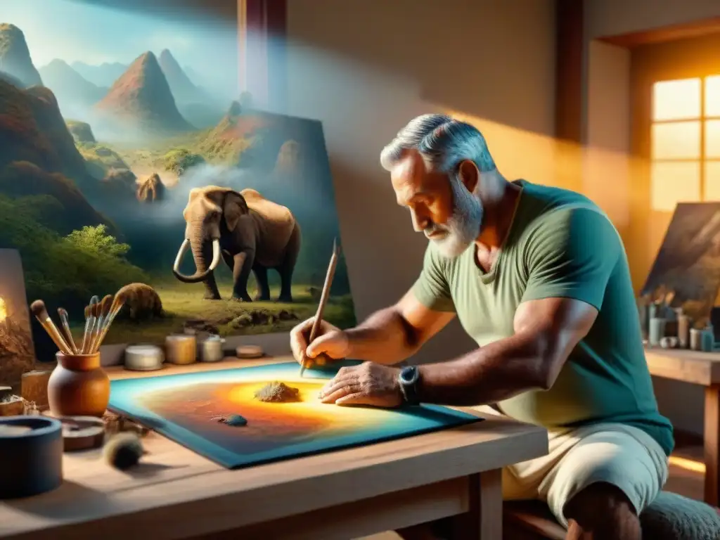 Maestro paleoartista recrea escena prehistórica con detalle asombroso Un paleoartista recrea escena prehistórica con técnica y dedicación
