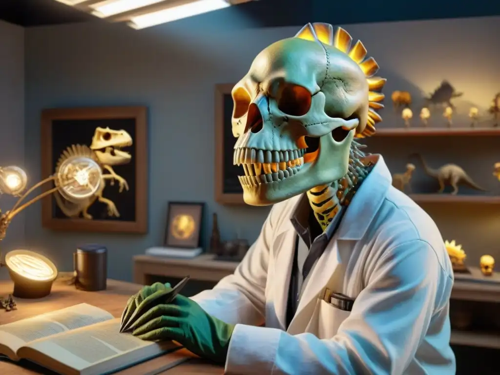 Arte paleontológico: recreando dinosaurios con pasión y precision Un paleoartista recrea un esqueleto de dinosaurio en su taller