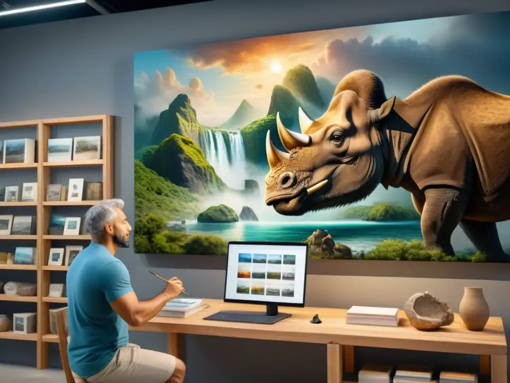 Paleoartista meticuloso da vida a escena prehistórica en 8k Un paleoartista experto crea una escena prehistórica detallada en un lienzo grande