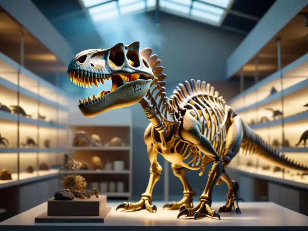 Reconstrucción de dinosaurio con detalle asombroso en laboratorio Un paleoartista experto reconstruye un esqueleto de dinosaurio en un laboratorio de museo, destacando las técnicas de paleoarte en dinosaurios